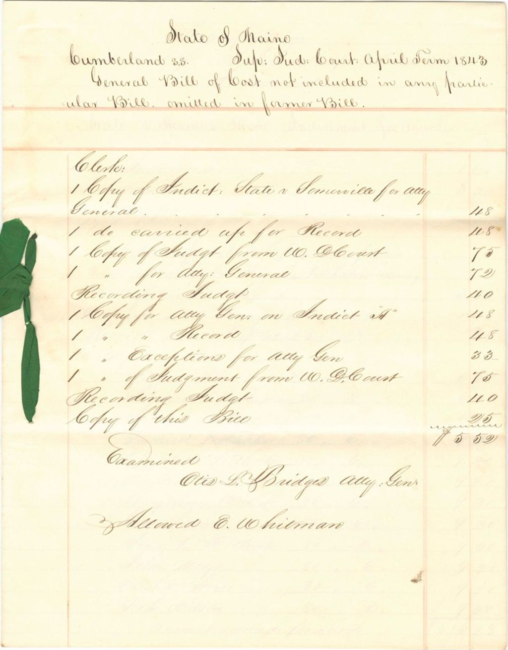 Miniature of Bill of Cost for the Cumberland County Supreme Judicial Court April Term 1843