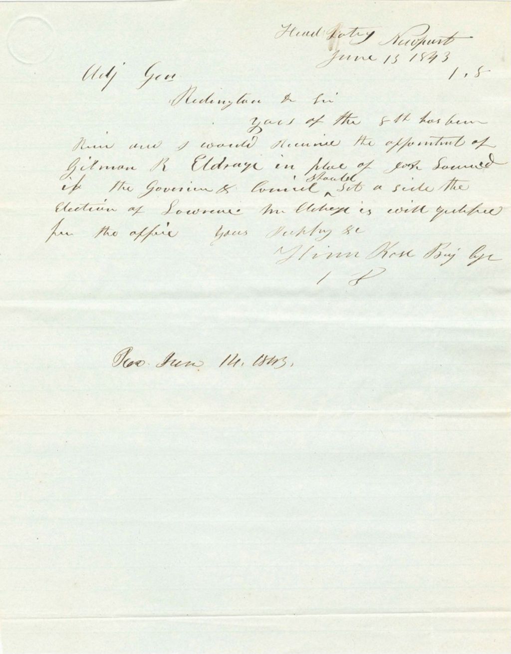 Miniature of Communication from Hiram Rose about Gilman R. Eldrage