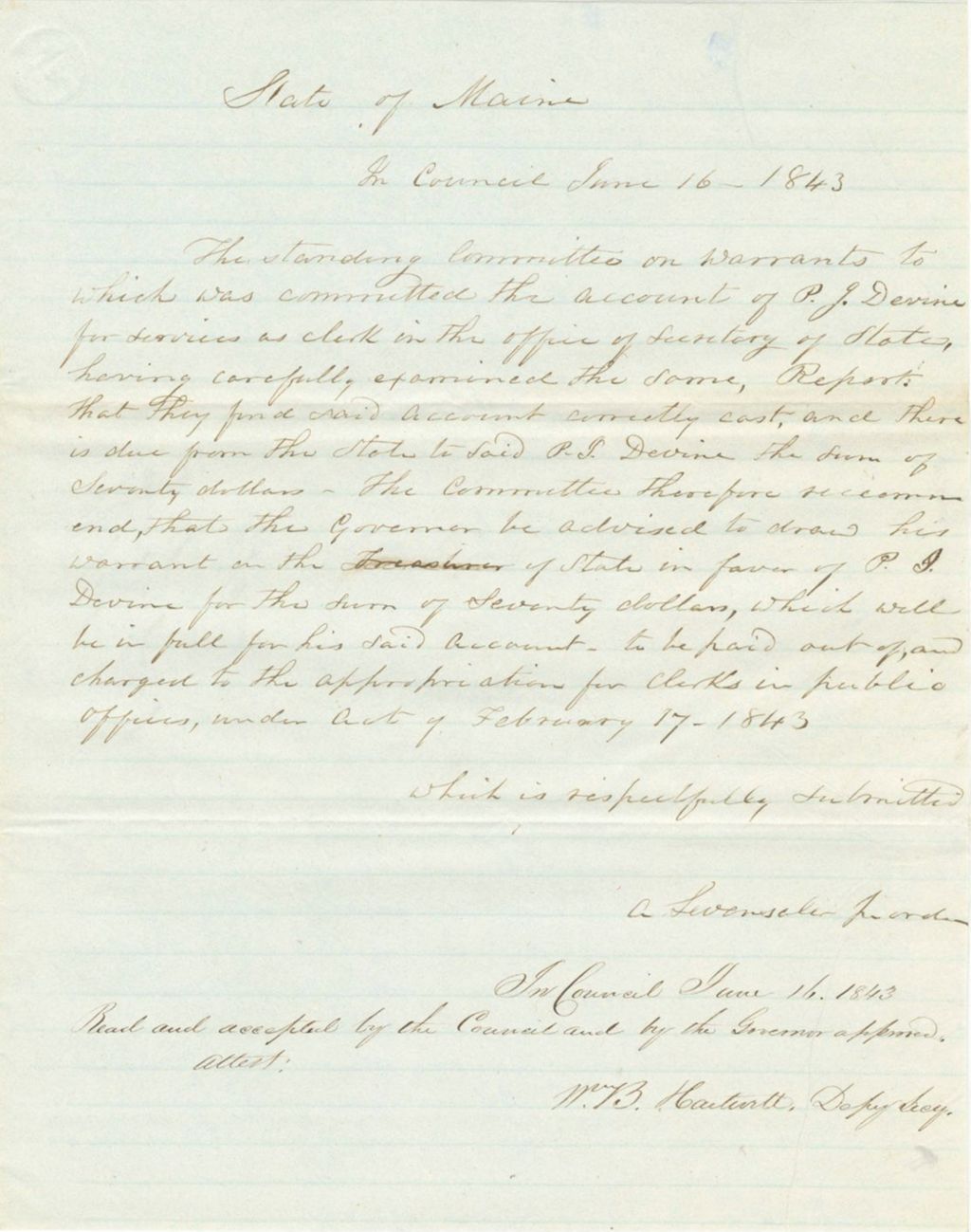 Miniature of Report on the Warrant in Favor of P.J. Devine for Services as Clerk in the Secretary of State's Office