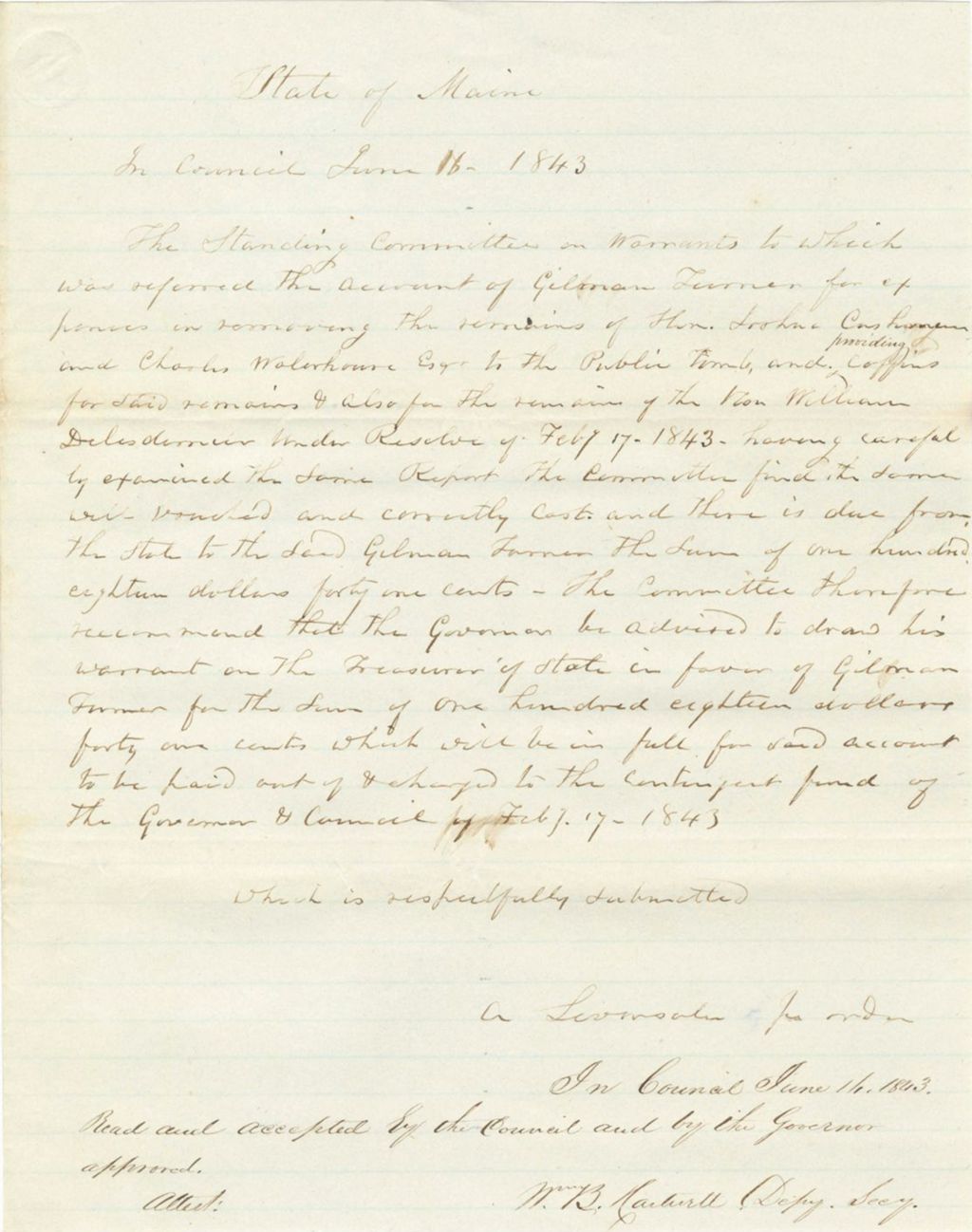 Miniature of Report on the Warrant in Favor of Gilman Turner, for Removing Bodies from the Public Tomb