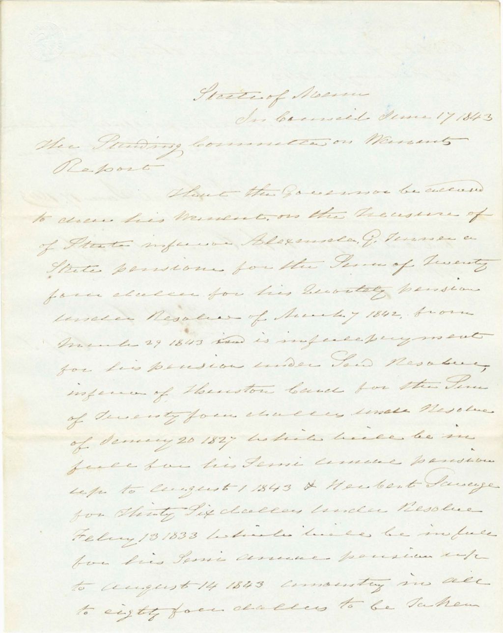 Miniature of Report on the Warrants in Favor of Alexander G. Turner, Herbert Savage and Thurston Card, for Pensions