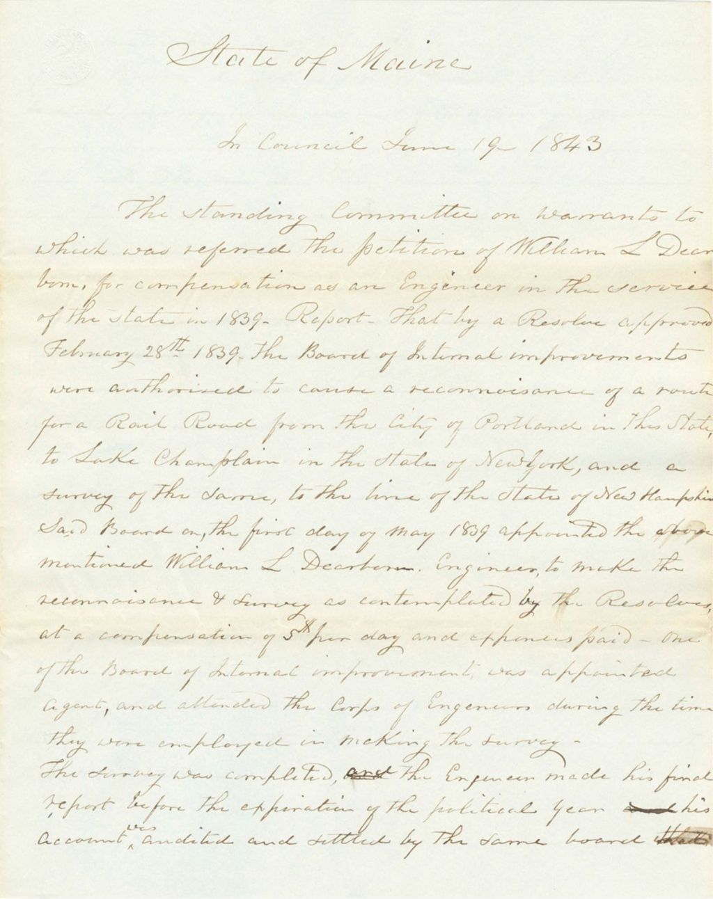 Miniature of Report on the Account of William L. Dearborn, Engineer for the Board of Internal Improvements for the Railroad Route
