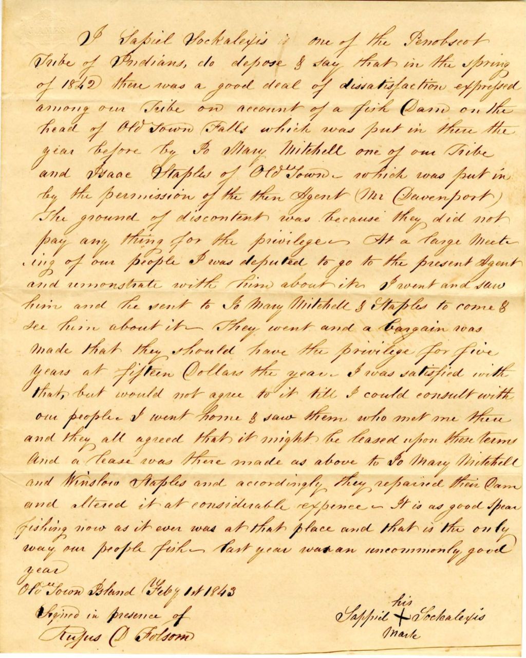 Miniature of Communication in regard to a fish dam constructed by [Staples and Mitchell], lease held by Penobscot Tribe