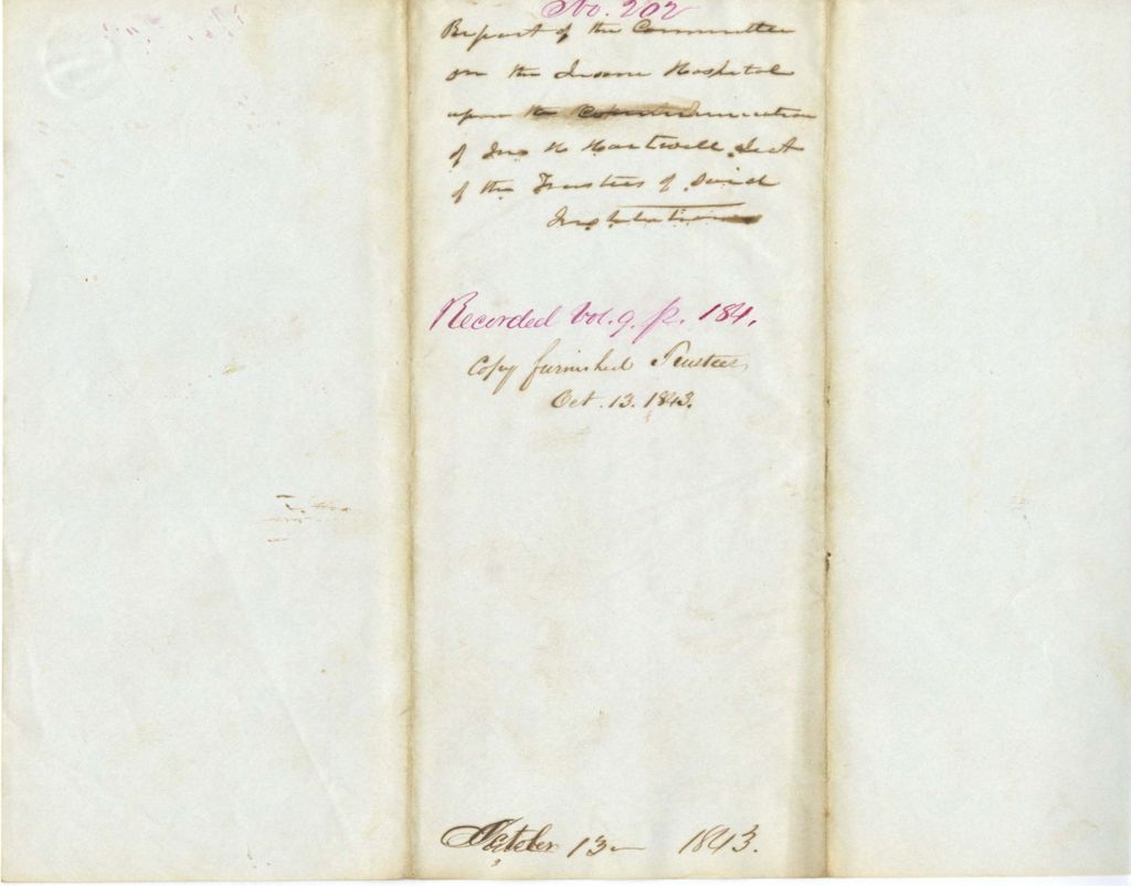 Miniature of Report on the communication of John H. Hartwell, Secretary of the Trustees of the Insane Hospital
