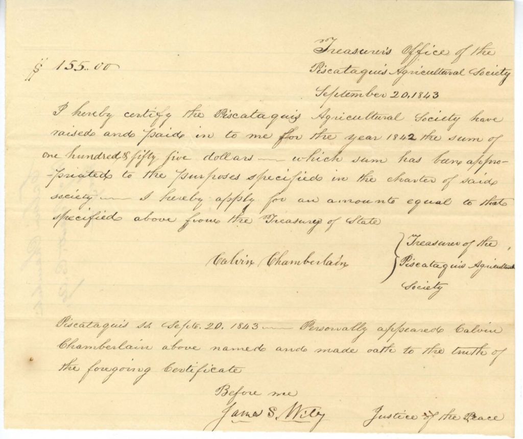 Miniature of Certificate of Calvin Chamberlain, Treasurer of the Piscataquis County Agricultural Society