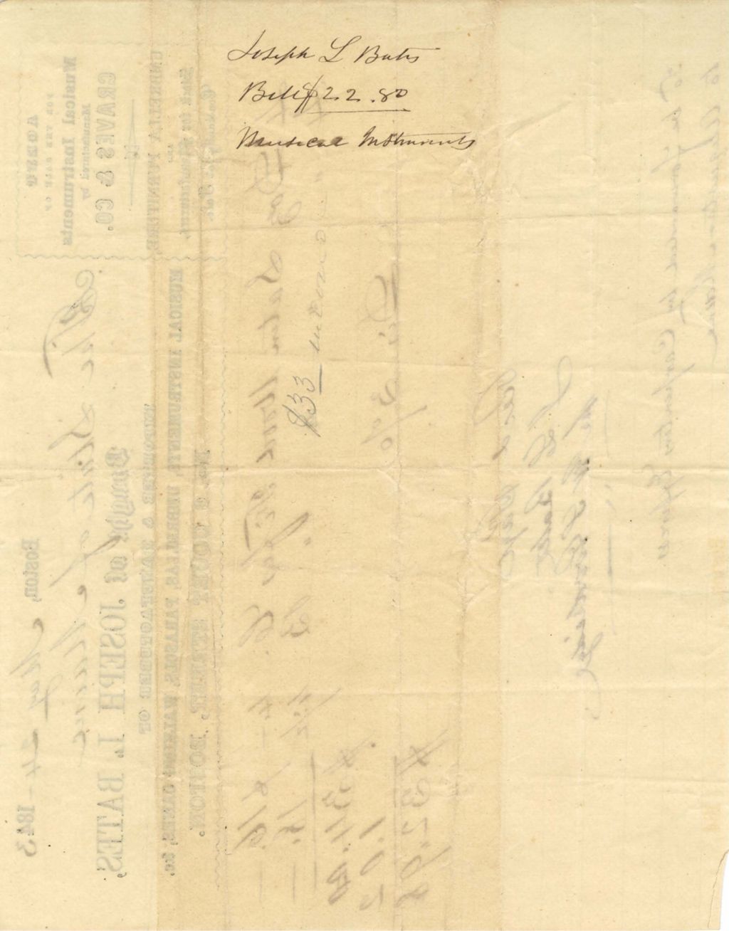 Miniature of Joseph L Bates, bill for musical instruments