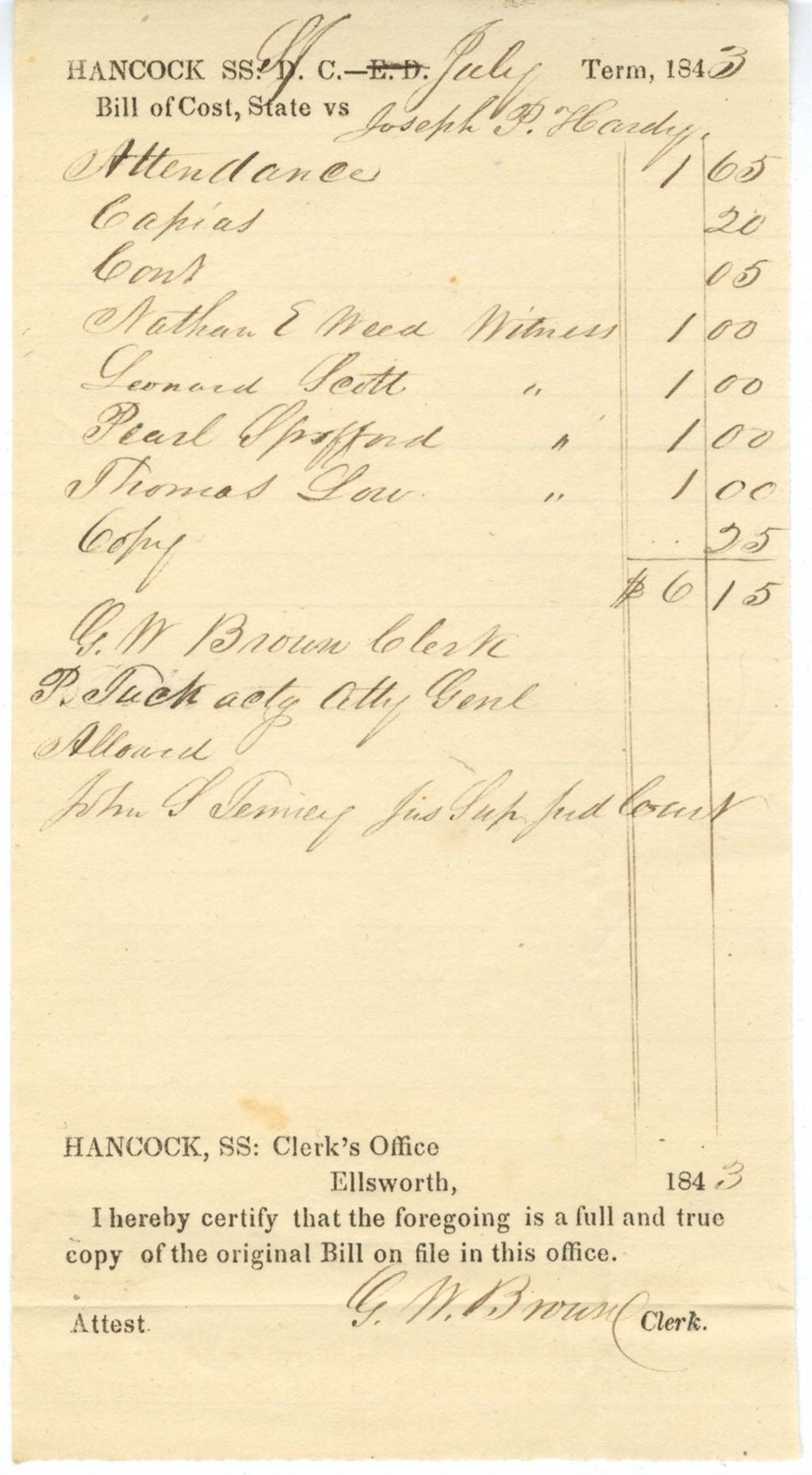 Miniature of Bill of Cost, State v. Joseph P. Handy