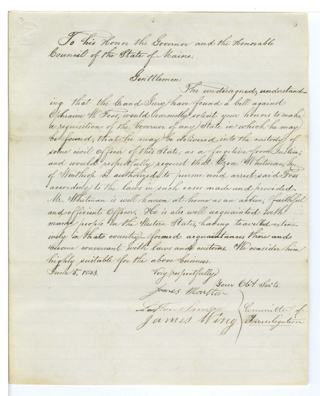 Miniature of Petition requesting E. Whitman Jr. be assigned to arrest E. Foss