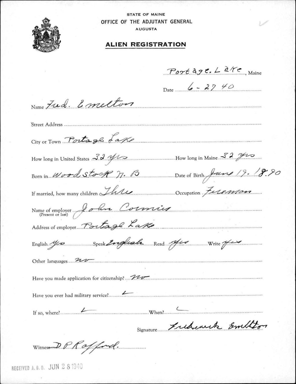 Miniature of Alien Registration- Emelton, Fred (Portage Lake, Aroostook County)
