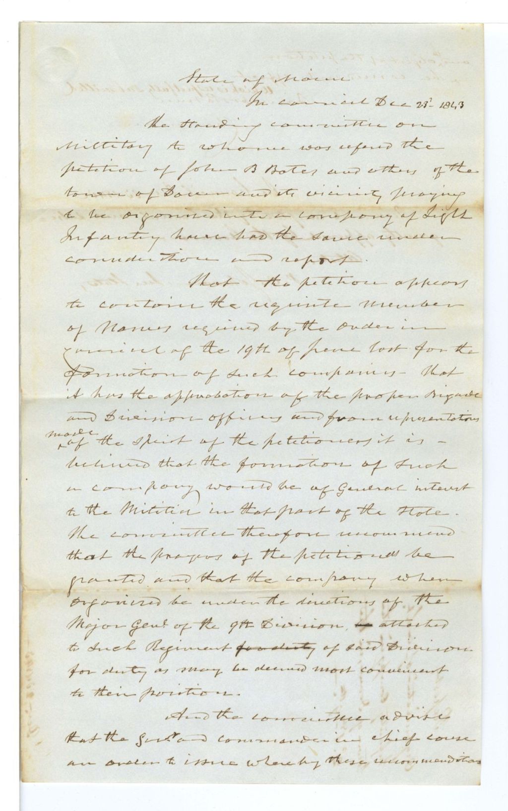 Miniature of Report, Organization of a Lt. Infantry company in the town of Dover