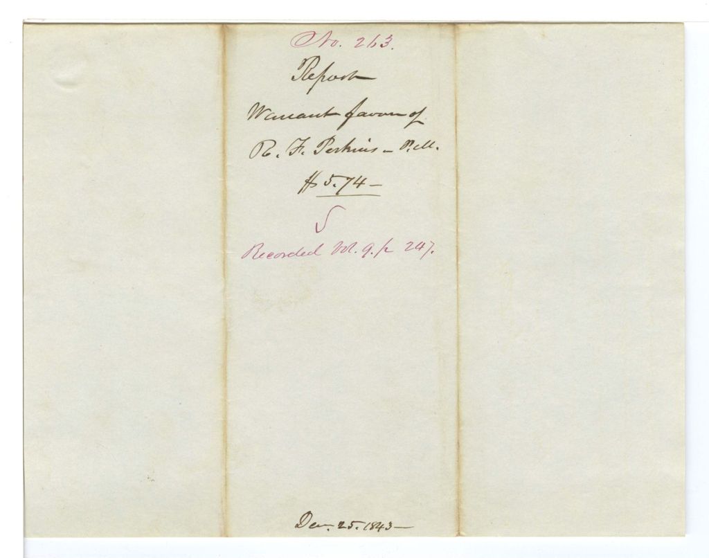 Miniature of Report, warrant in favor of R. F. Perkins, P.M.