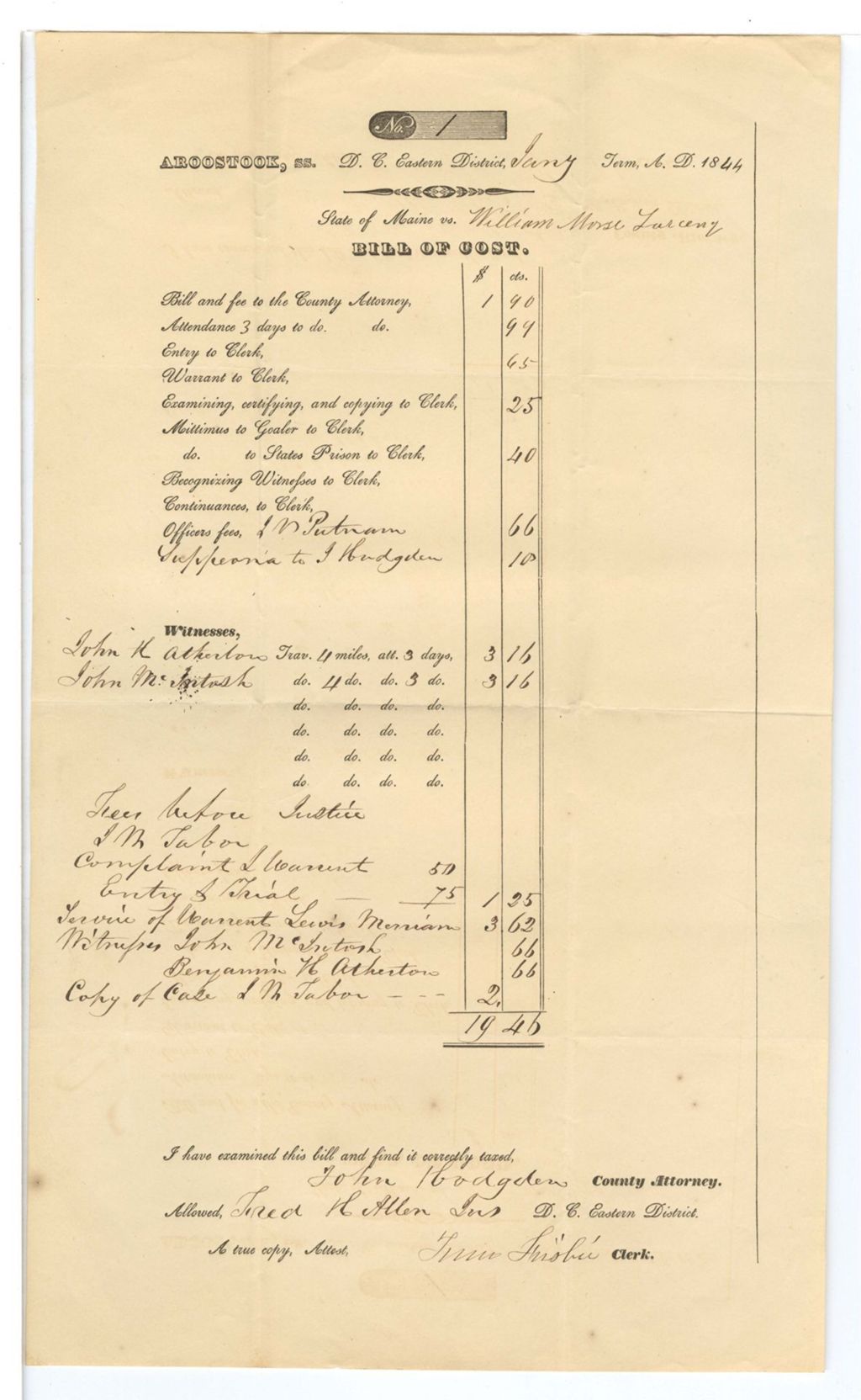 Miniature of Bill of Cost, State v William Morse Larceny