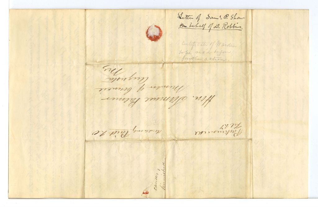 Miniature of Letter of Samuel P. Shaw on behalf of D. Robbins