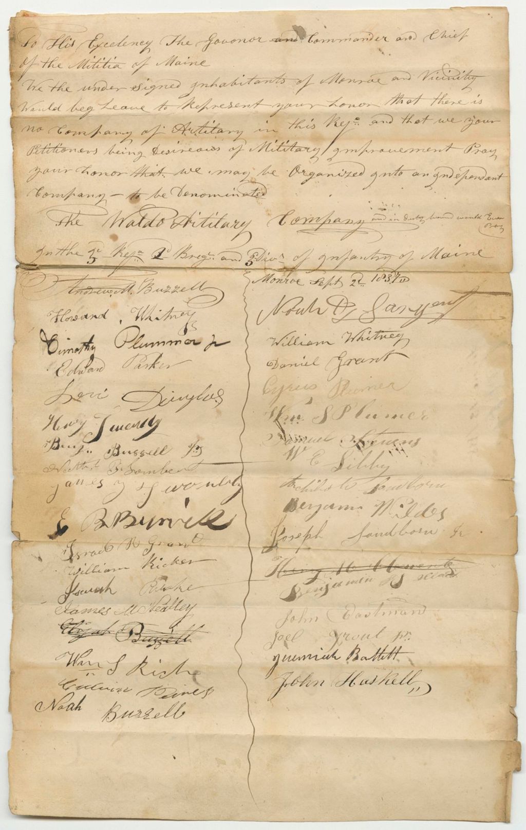 Miniature of Petition of Andrew M. Buzzell and Others for the Waldo Artillery