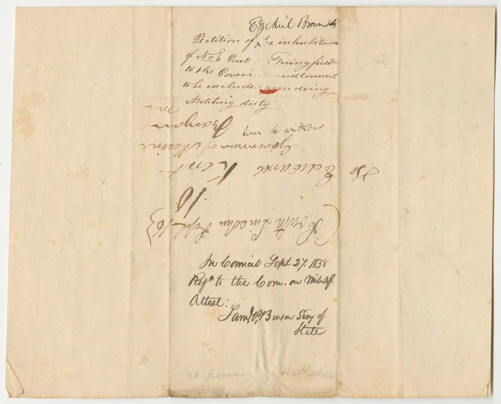 Miniature of Petition of Ezekiel Brown and the Inhabitants of Township No. 6 East of Springfield To Be Excluded from Military Duty