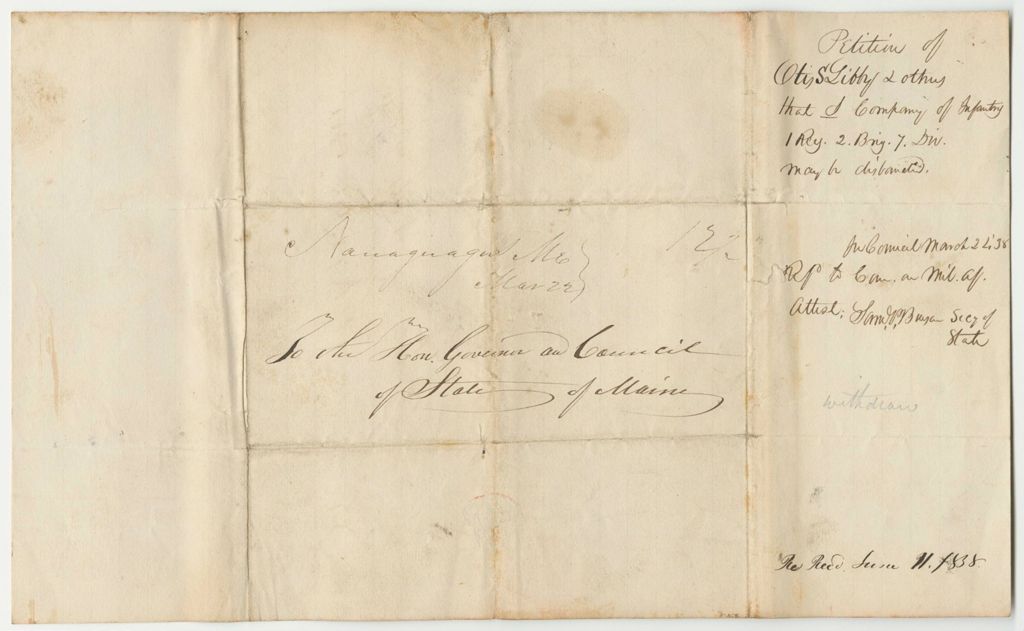 Miniature of Petition of Otis S. Libby and Others That the J Company of Infantry in the 1st Regiment 2nd Brigade 7th Division be Disbanded