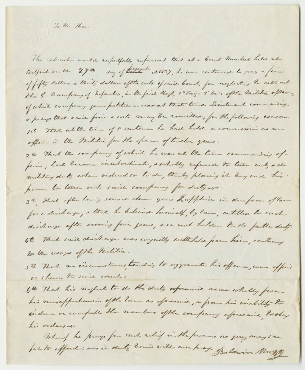 Miniature of Petition of Baldwin Mussey for a Remission of a Fine