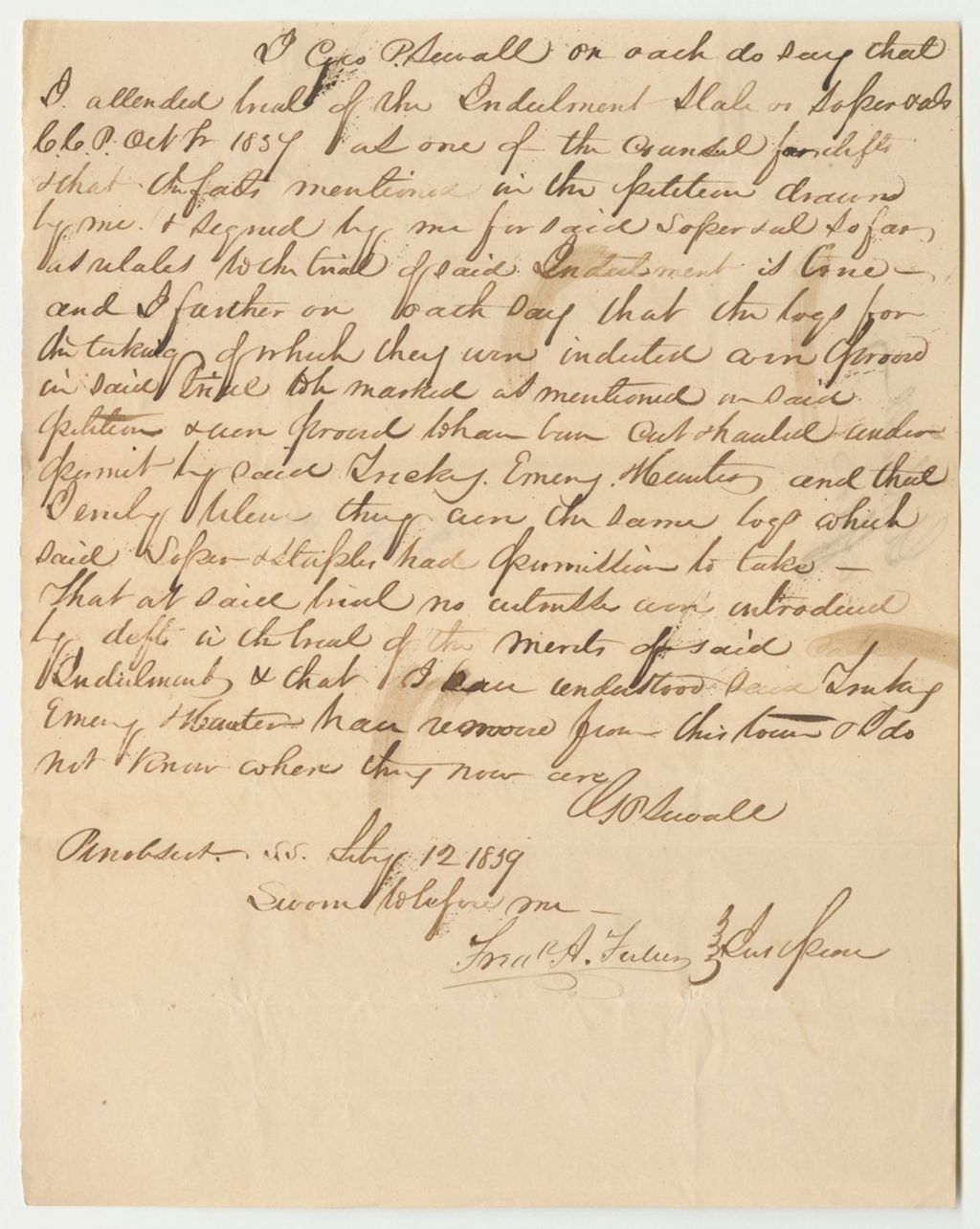 Miniature of George Sewall's Affadavit for State v. Henry Soper and Others