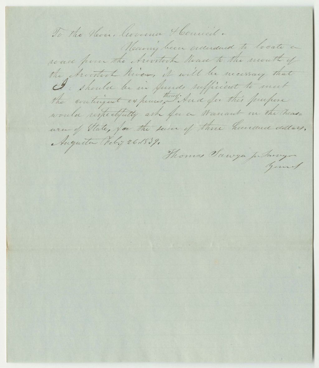 Miniature of Thomas Sawyer's Request for a Warrant for Locating the Road from The Aroostook Road to the Mouth of the Aroostook River