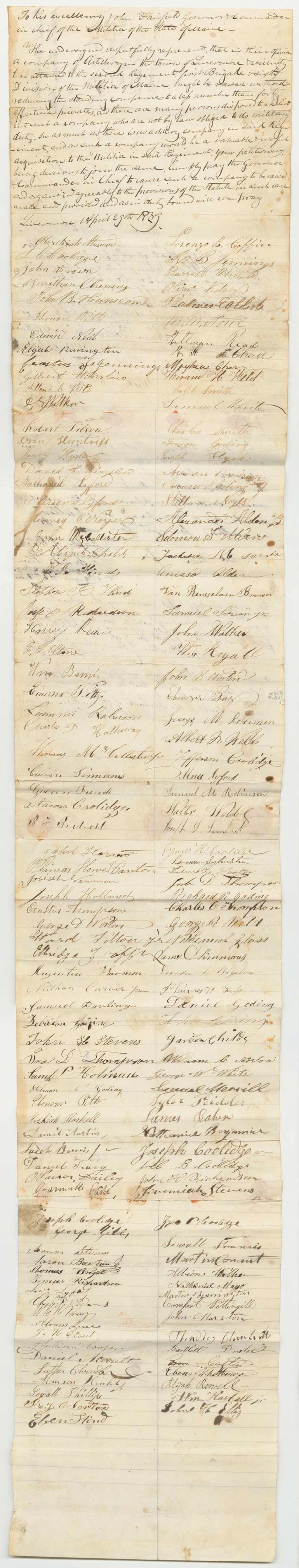 Miniature of Petition of Hezekial Atwood and Others for a Company of Artillery in Livermore
