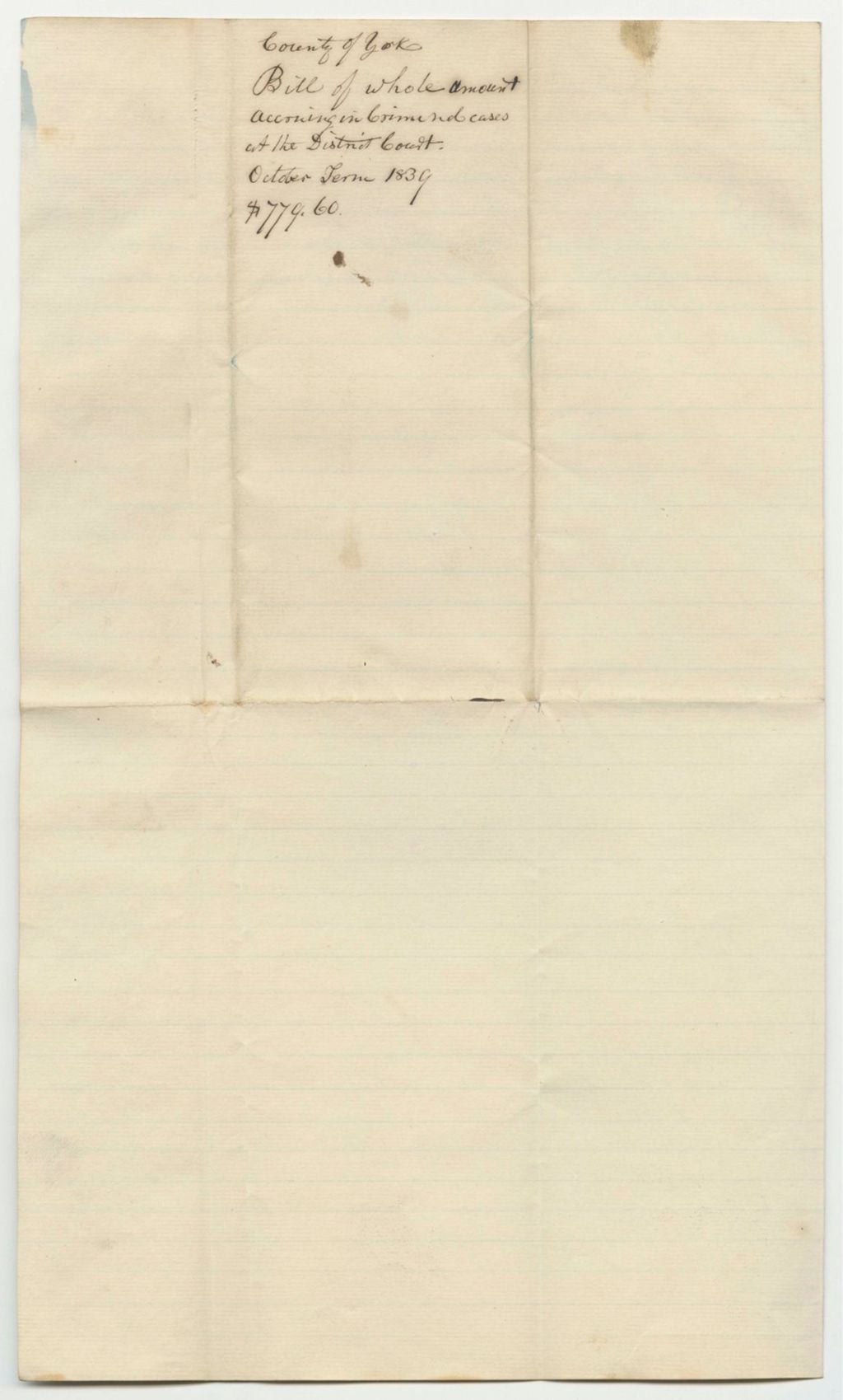 Miniature of Bills of Whole Amount of Costs at the District Court for the Western District in York County, October Term 1839