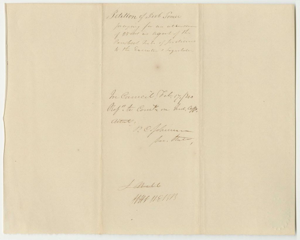 Miniature of Petition of Peol Tomah, Praying for an Allowance of 25 Dollars as Payment for His Services as Delegate from the Penobscot Tribe