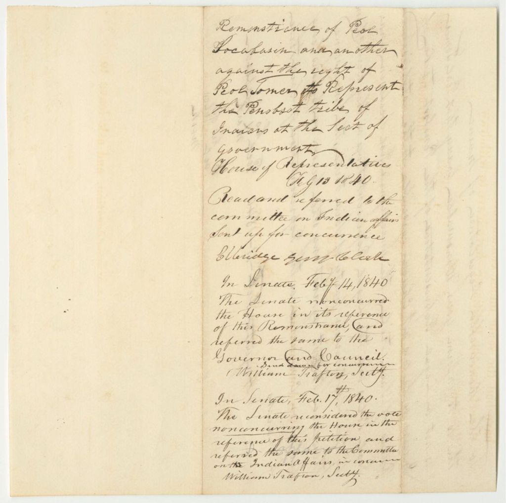 Miniature of Remostrance of Peol Sockbasin and Peol Poles Against Peol Tomer Representing the Penobscot Tribe in the Legislature