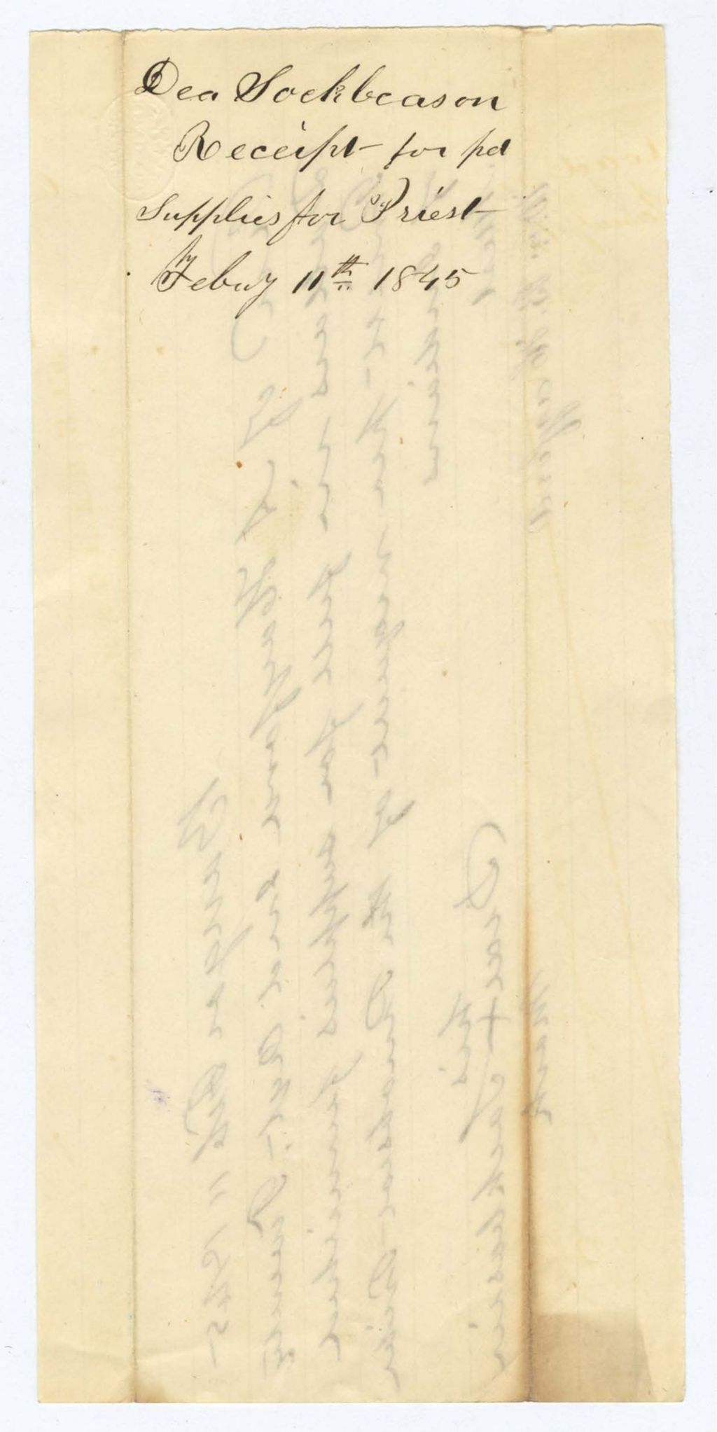 Miniature of Indian Fund (Page 13): Dea [Sockbeason?], receipt for supplies for priest