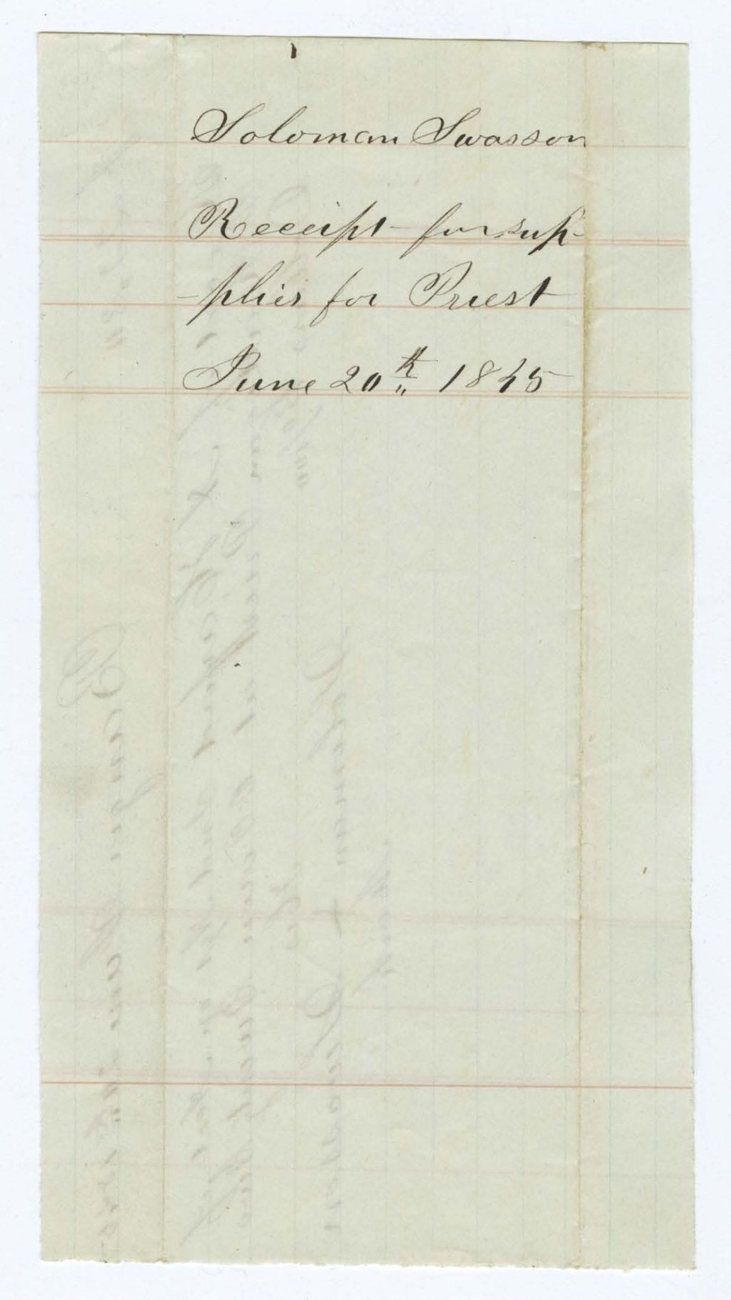 Miniature of Indian Fund (Page 15): Solomon Swasson, Receipt for Supplies for Priest