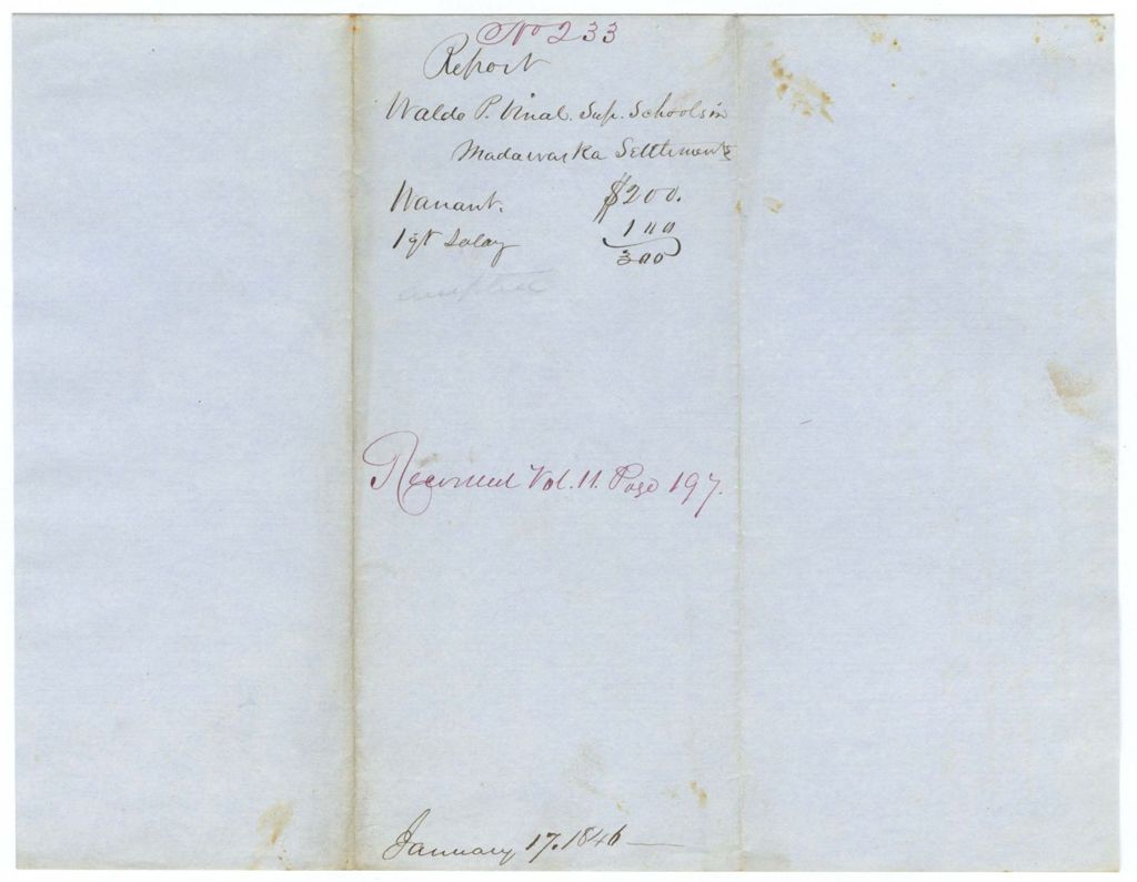 Miniature of Report 233: Report on the warrant in favor of Waldo P. Vinal, Superintendent of Schools in the Madawaska Settlements