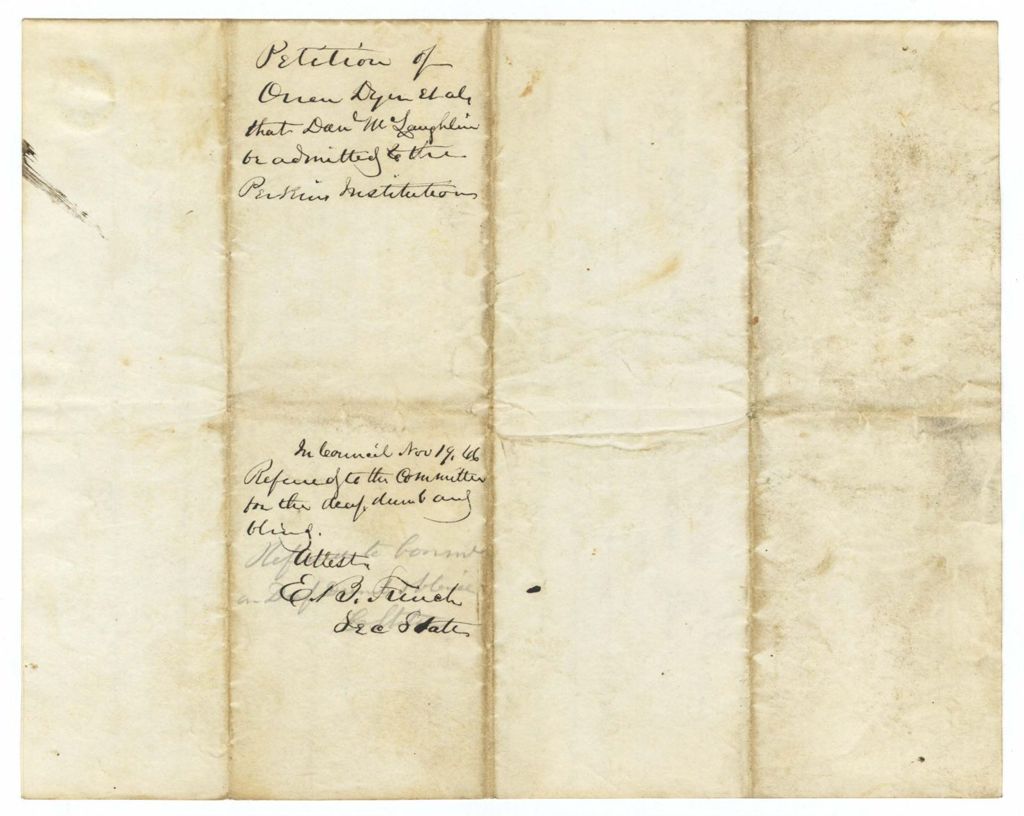 Miniature of Petition of Orren Dyer et al that Dan W. Laughlin be admitted to the Perkins Institute