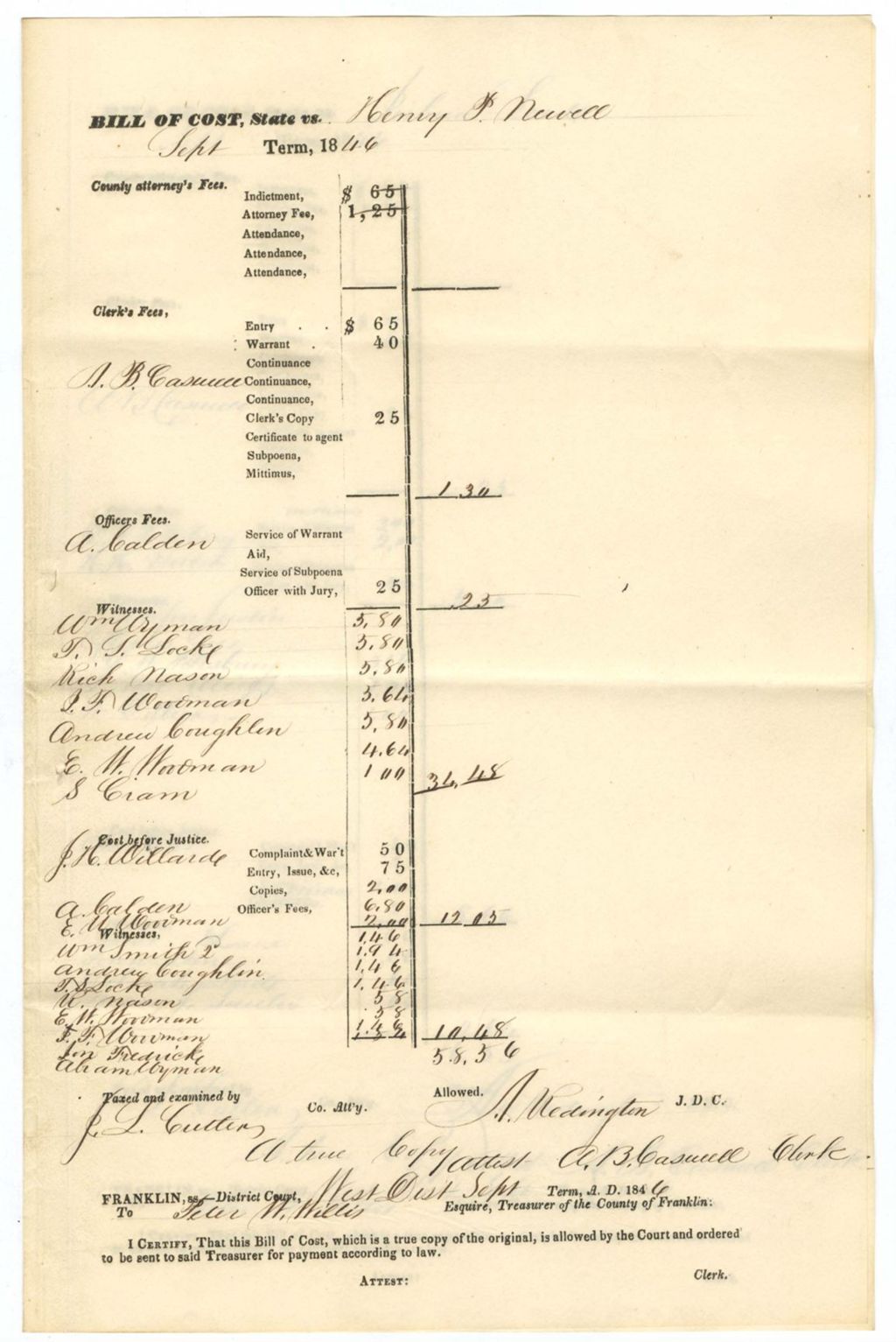 Miniature of Copy of Bill of Cost, State vs. Henry P. Newell
