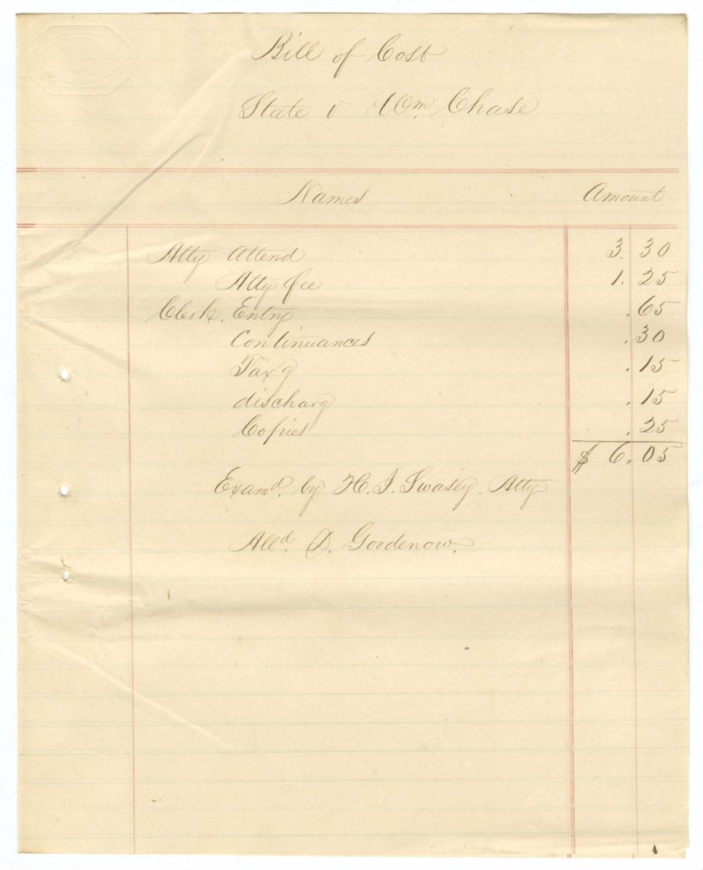 Miniature of Bill of Cost, State vs. William Chase
