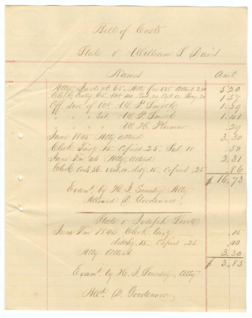 Miniature of Bill of Cost, State vs. William S. Davis