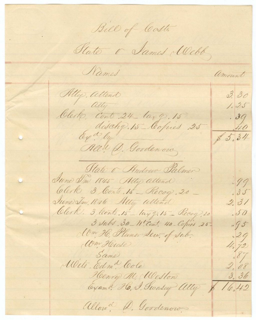 Miniature of Bill of Cost, State vs. James Webb