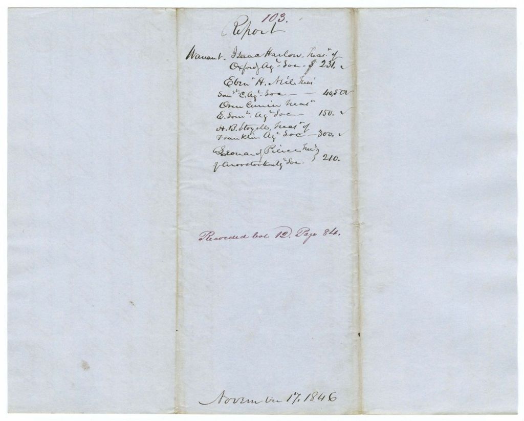 Miniature of Report 103: Report on the warrant in favor of Isaac Harlow, Ebenezer H. Neil, Oren Currier, H. B. Stoyell, Leonard Pierce