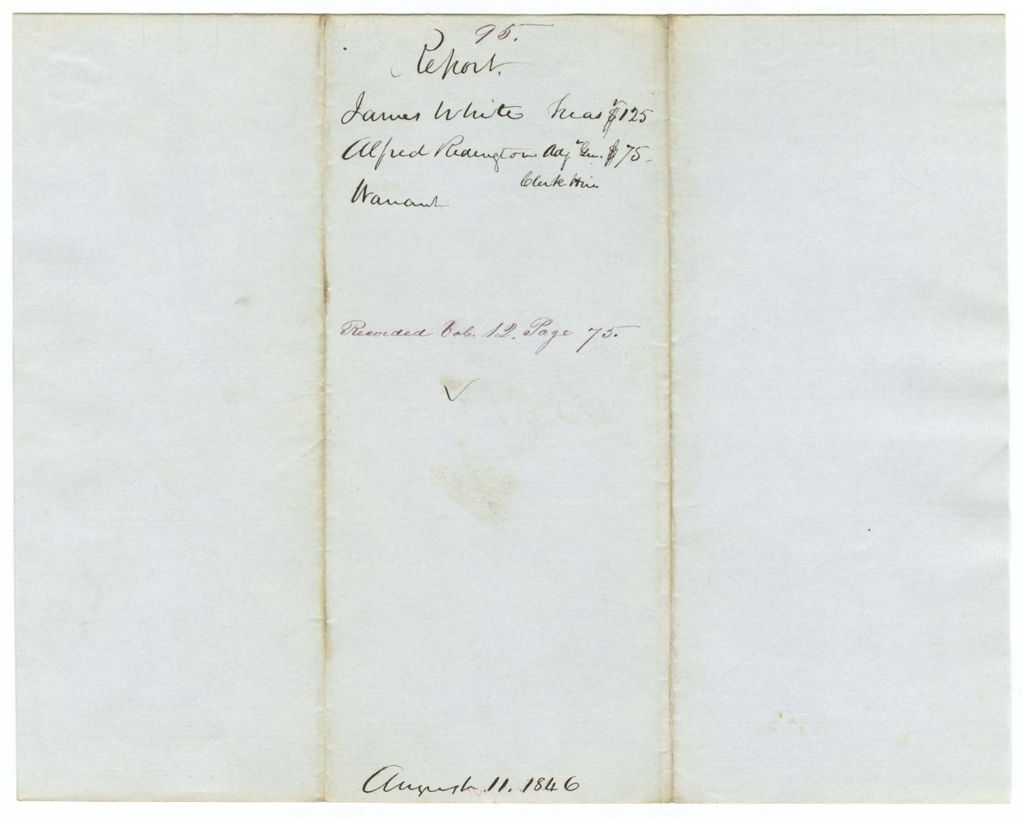 Miniature of Report 95: Report on the warrant in favor of James White, Treasurer, and Alfred Redington, Adjutent General, for clerk hire
