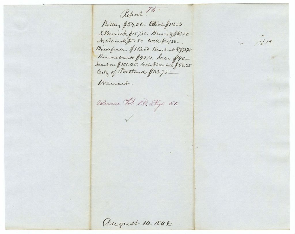 Miniature of Report 75: Report on the warrant in favor of the towns of Kittery, Elliot, S. Berwick, Berwick, N. Berwick, Wells, Biddeford, Kennebunk, Kennebunkport, Saco, Scarboro, Cape Elizabeth, and the city of Portland