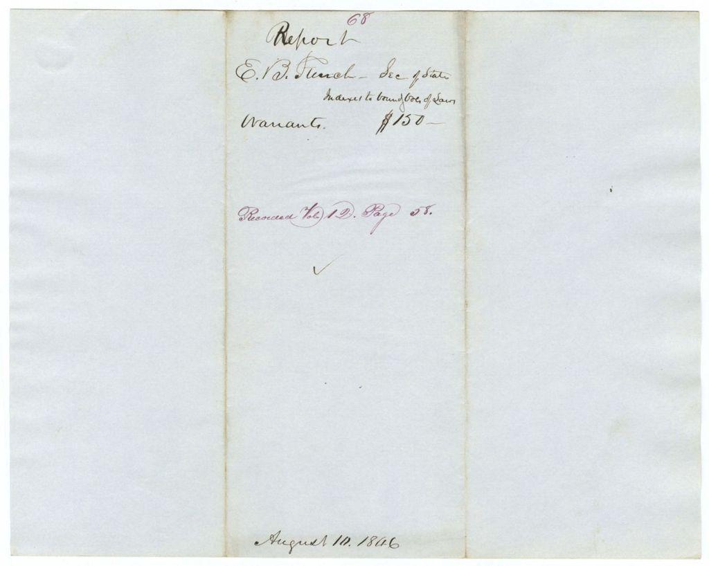 Miniature of Report 68: Report on the warrant in favor of E. B. French, Secretary of State, for indexes to bound volumes of Laws and Resolves