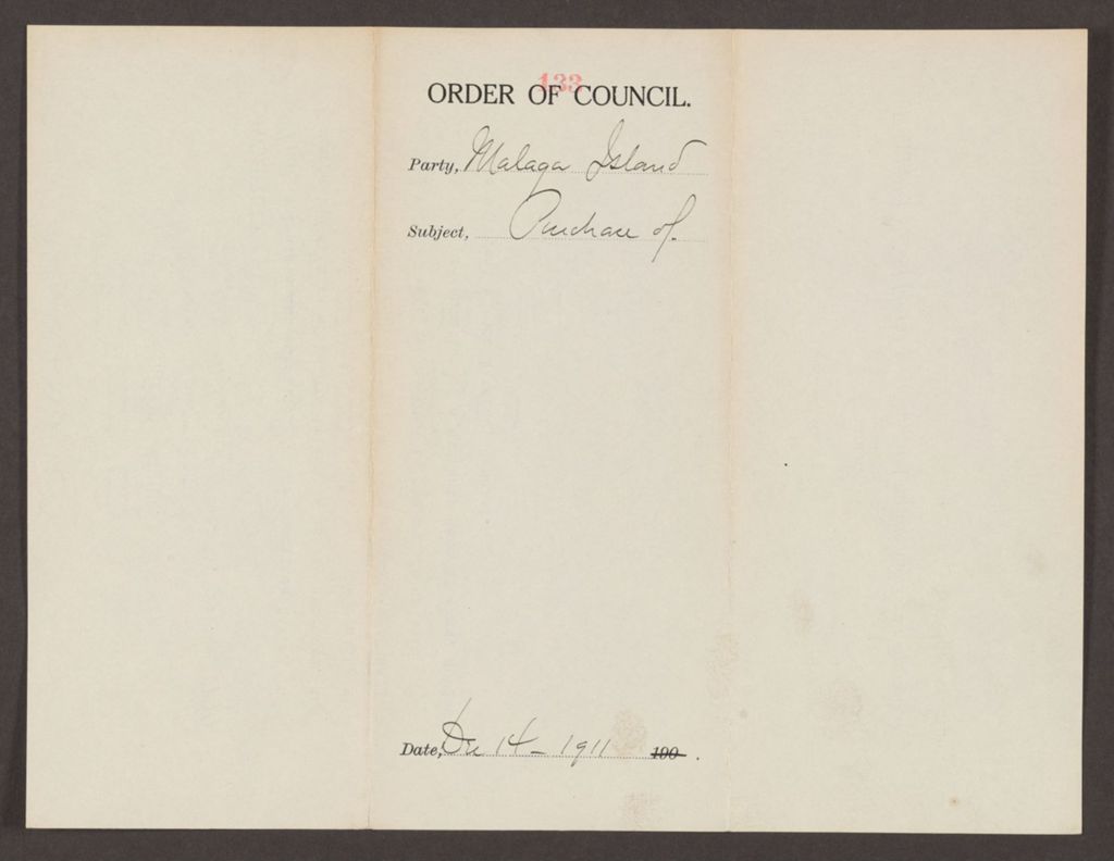 Miniature of Order 133 for the purchase of Malaga Island