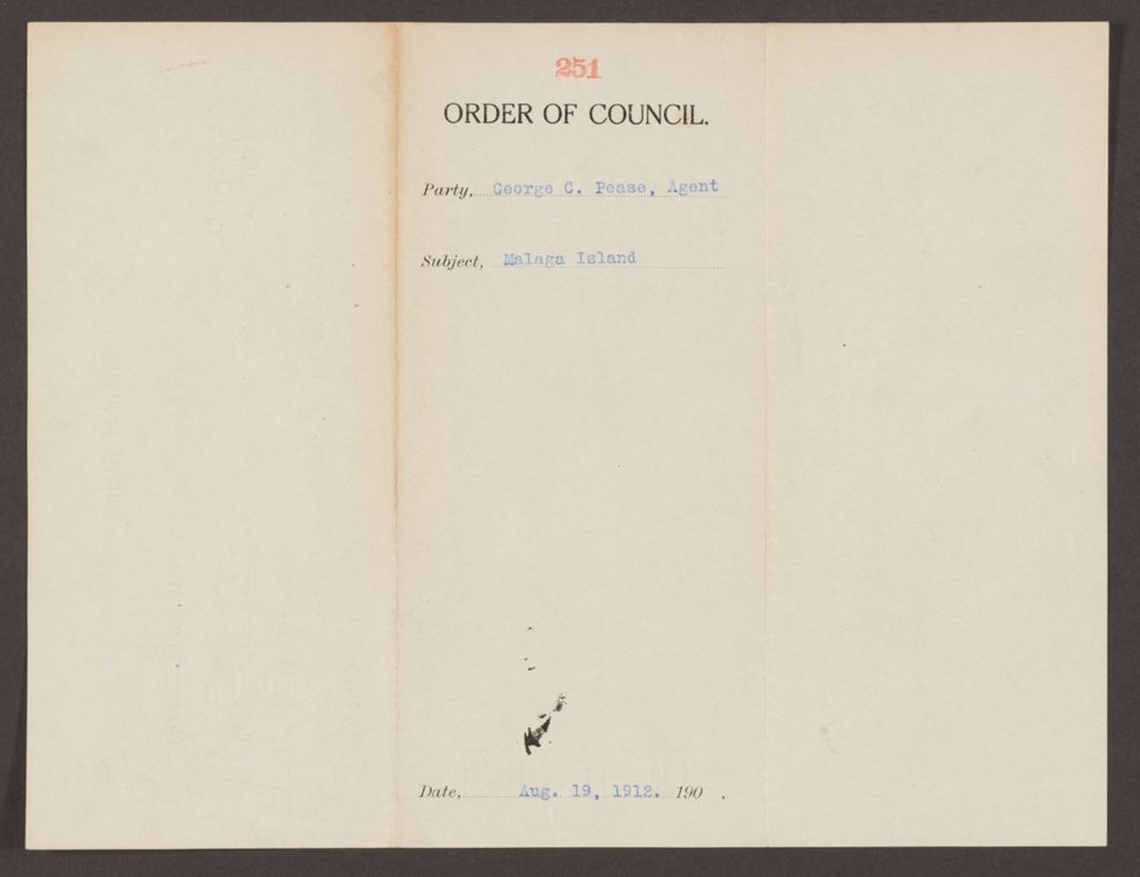 Miniature of Order 251 for George C. Pease, Agent for Malaga Island