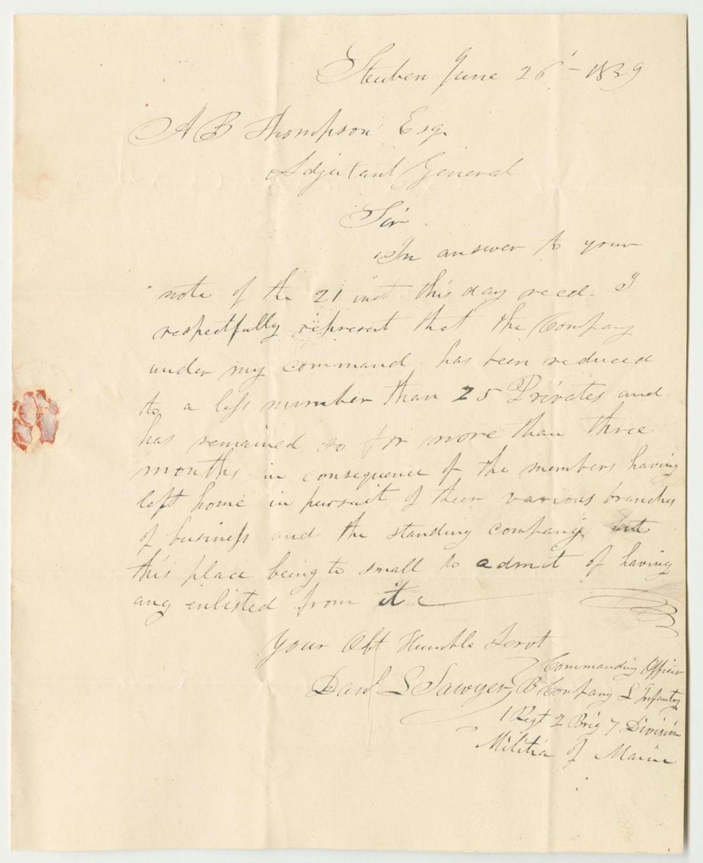 Miniature of Communication from Daniel Sawyer, Commanding Officer of the B Company of Infantry in the 1st Regiment 1st Brigade 7th Division, Relating to the Number of Privates in His Company