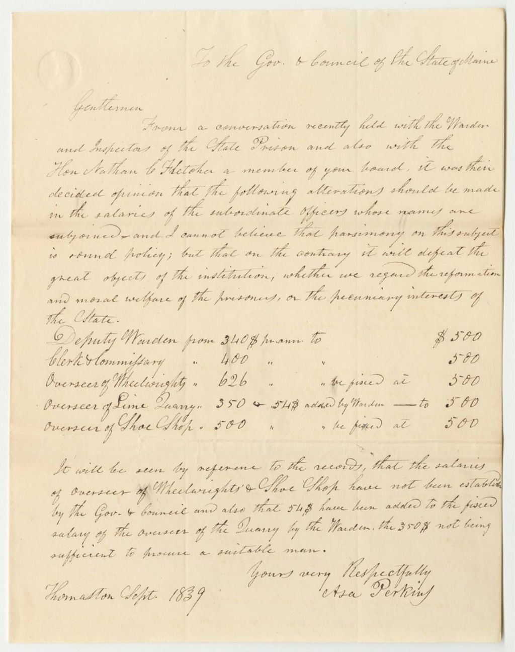 Miniature of Communication from Asa Perkins, Listing Alterations to the Salaries of the Subordinate Officers at the State Prison