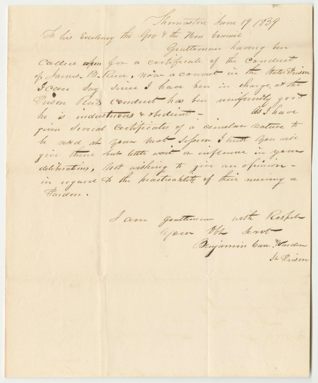 Miniature of Certificate of Benjamin Carr, Warden, on the Conduct of James B. Reed in Prison