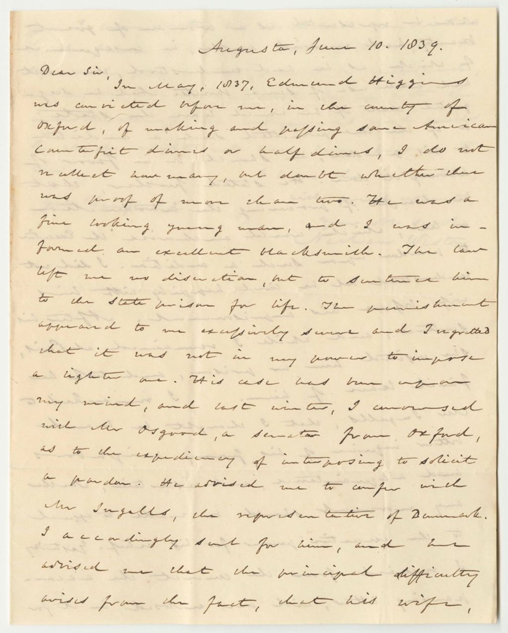 Miniature of Communication from Nathan Wiston, Relative to the Pardon of Edmund Higgins