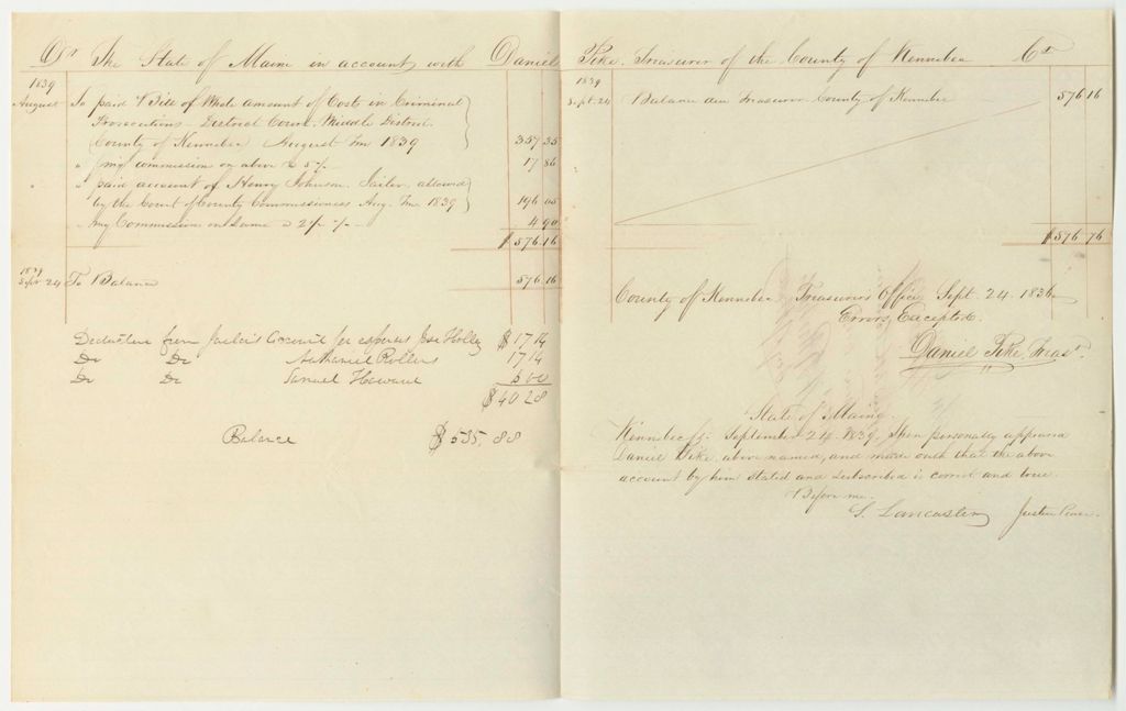 Miniature of Account of Daniel Pike, Kennebec County Treasurer
