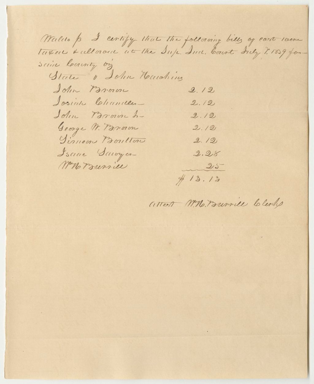 Miniature of William Burrill's Certificates of the Bills of Cost in Waldo County, July Term 1839