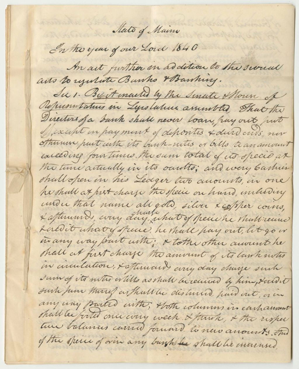 Miniature of An Act Further in Addition to the Several Acts to Regulate Banks and Banking