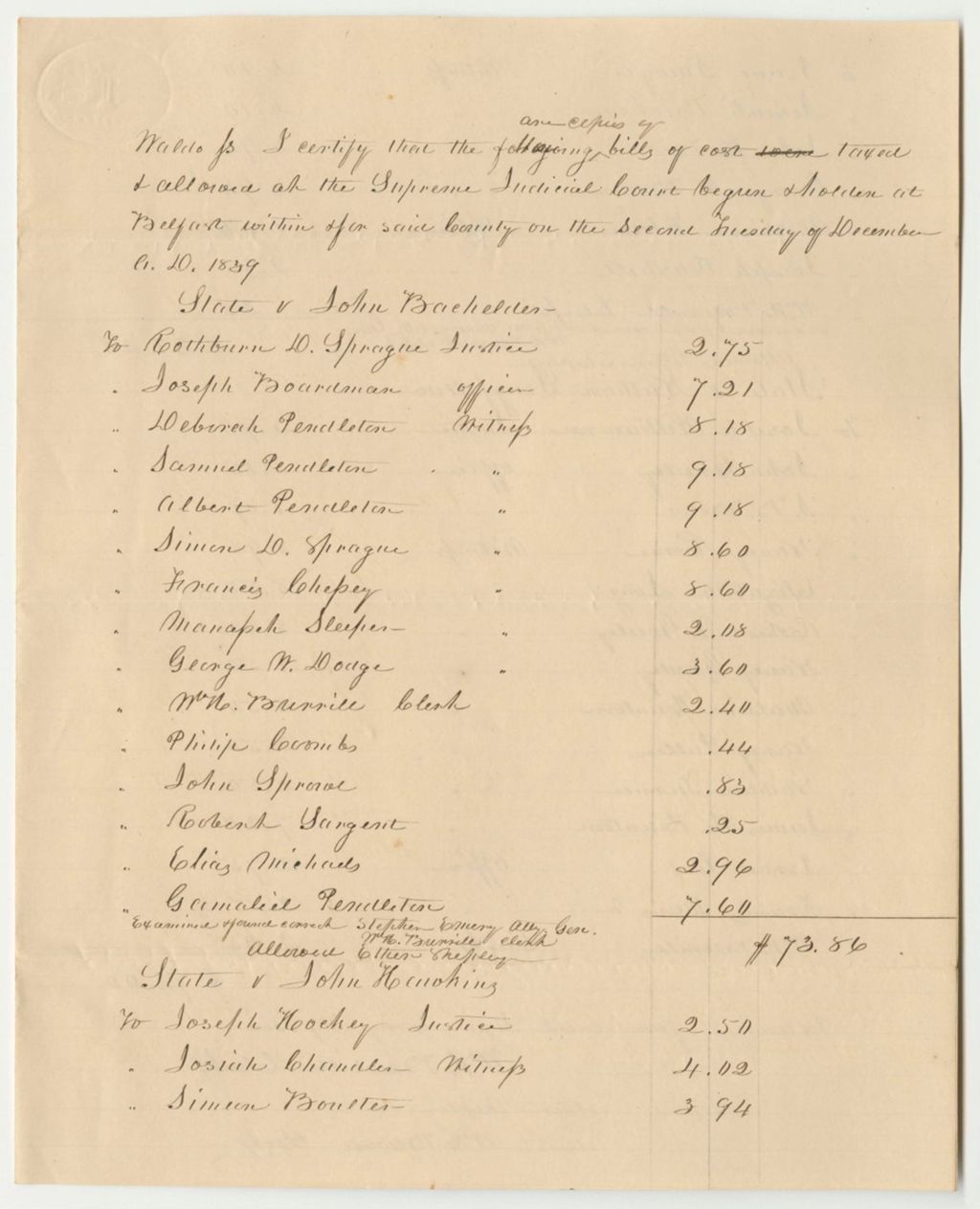Miniature of Bills of Cost Taxed and Allowed at the Supreme Judicial Court Begun and Holden at Belfast Within and for Waldo County