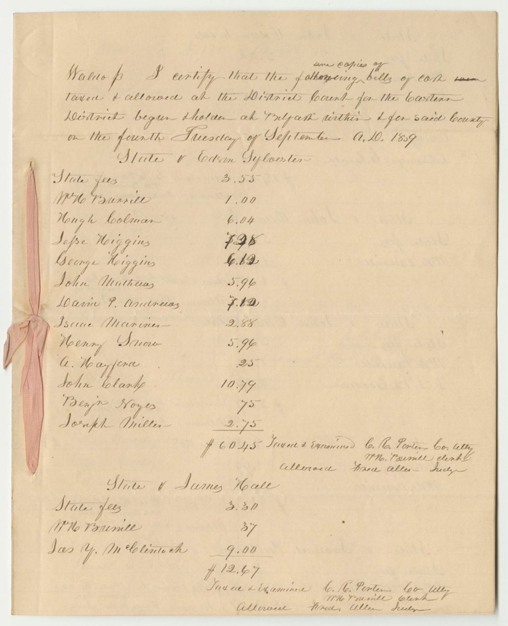 Miniature of Bills of Cost Taxed and Allowed at the District Court for the Eastern District Begun and Holden at Belfast Within and for Waldo County